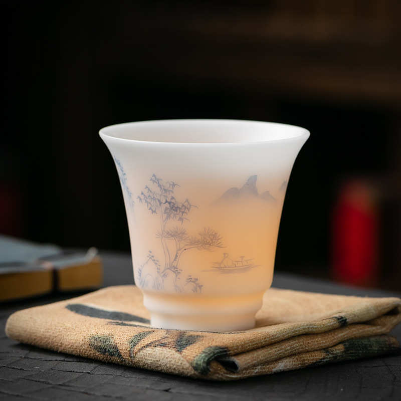 大师冰种主人杯手绘羊脂玉白瓷品茗高档陶瓷家用大号茶盏茶杯单杯