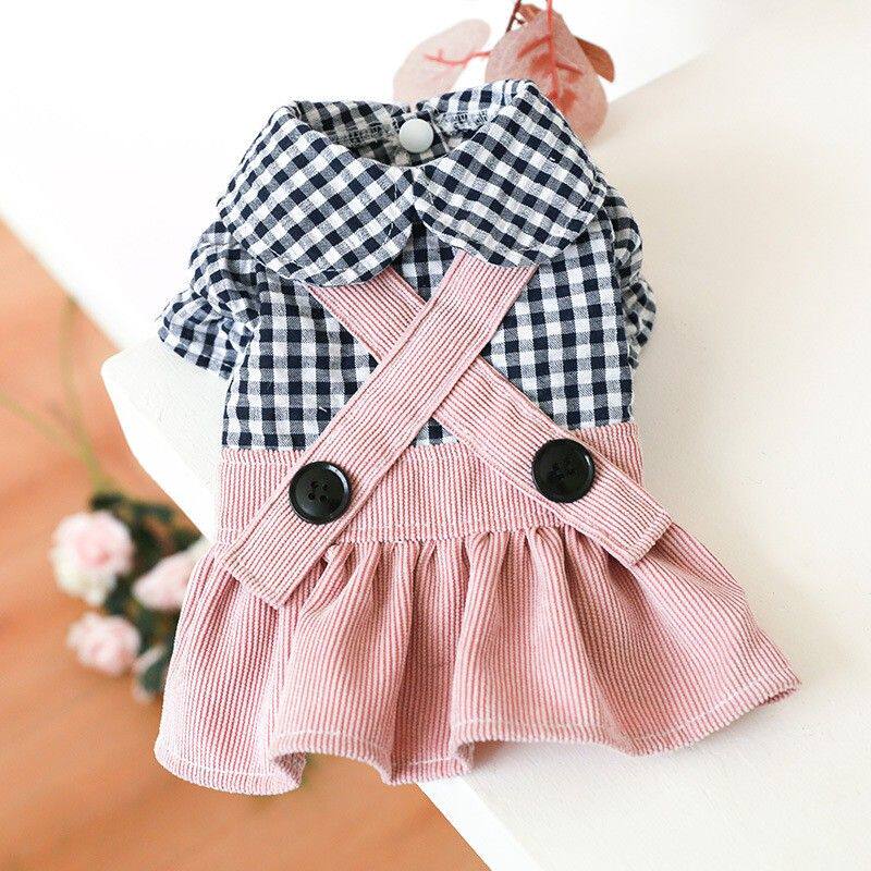宠物衣服狗狗猫咪服饰中小型犬幼犬两脚衣黑扣格子背带裙