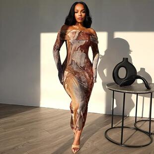 Elegant OffShoulder Long Sleeve Bodycon Dress Marbled Print