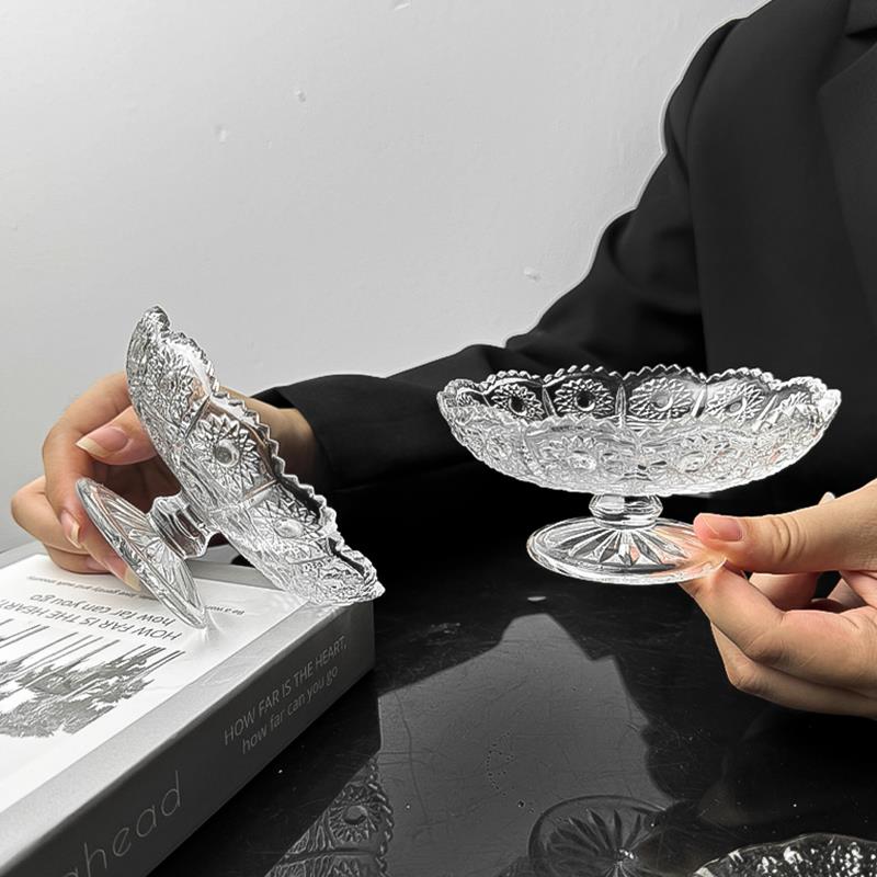 高颜值水果盘小精致浮雕玻璃高脚盘糖果零食盘果盘点心甜品盘家用