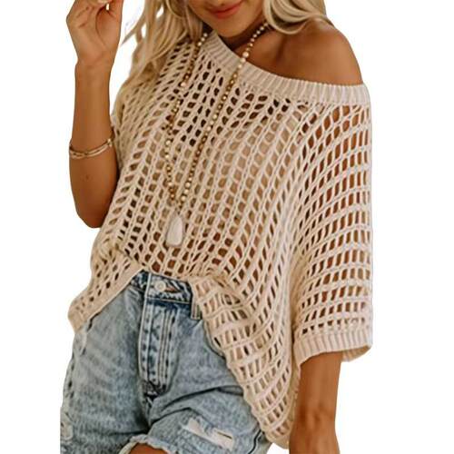 Salt in the Air Knit Swimsuit Cover-Up Top Beige Oversized
