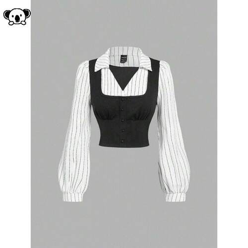V 88550 Women Business Casual Shirt黑白条纹衬衫