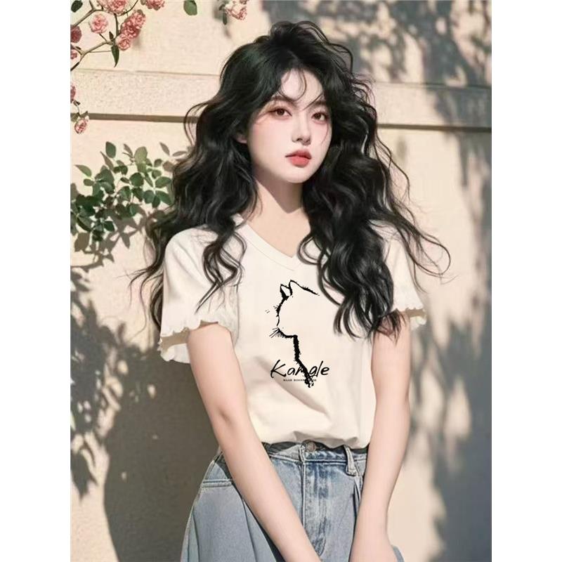 法式小众设计感木耳花边V领短袖T恤女夏2026新款小众独特短款上衣