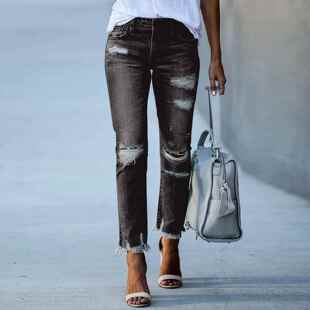 Women's Stretchy Ripped Cropped Jeans - Street Style, Mid-Ri