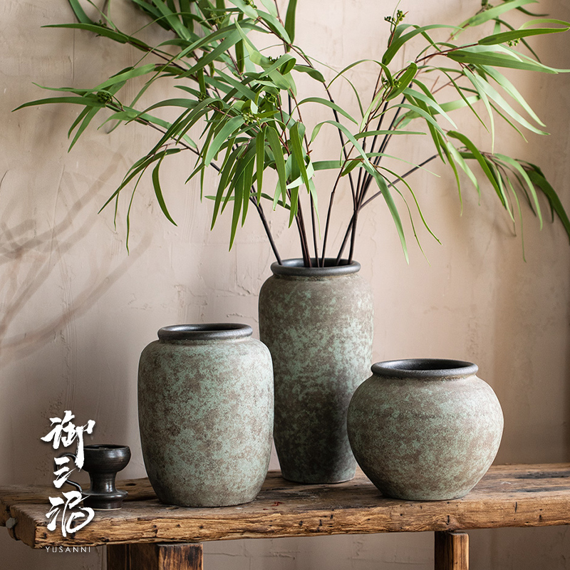 复古田园侘寂风插鲜花粗陶陶瓷花瓶台面插花手工民宿酒店禅意装饰