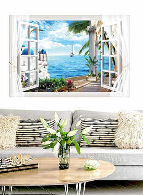 纱窗圣托尼亚岛地中海风景墙贴画pvc 假窗户家居墙壁贴画 FX82012