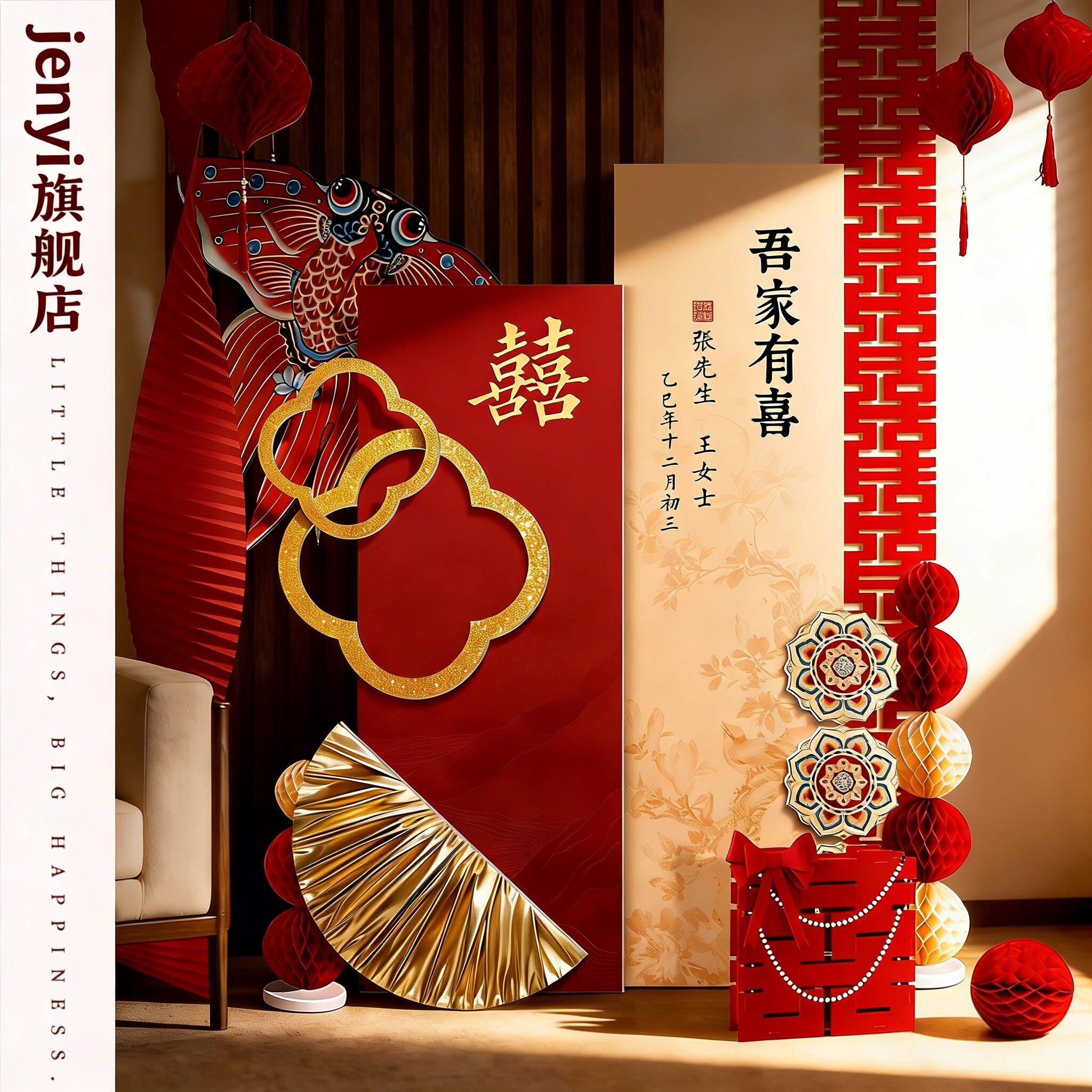 新中式农村庭院结婚礼门口装饰迎宾牌高级背景墙摆件布置定制kt板图片