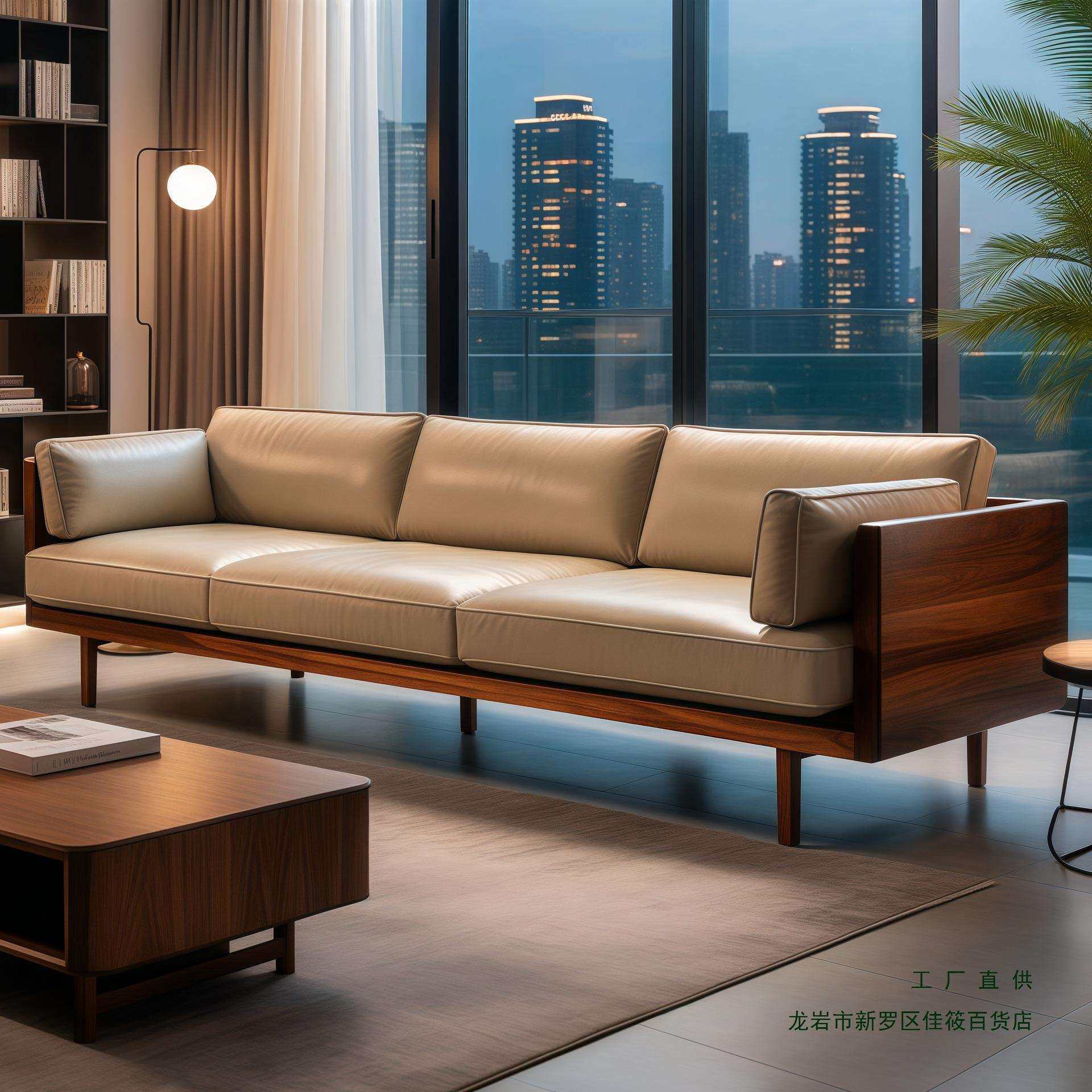 2026新款新中式实木沙发黑胡桃木酒店民宿客厅直排三人位皮艺沙发