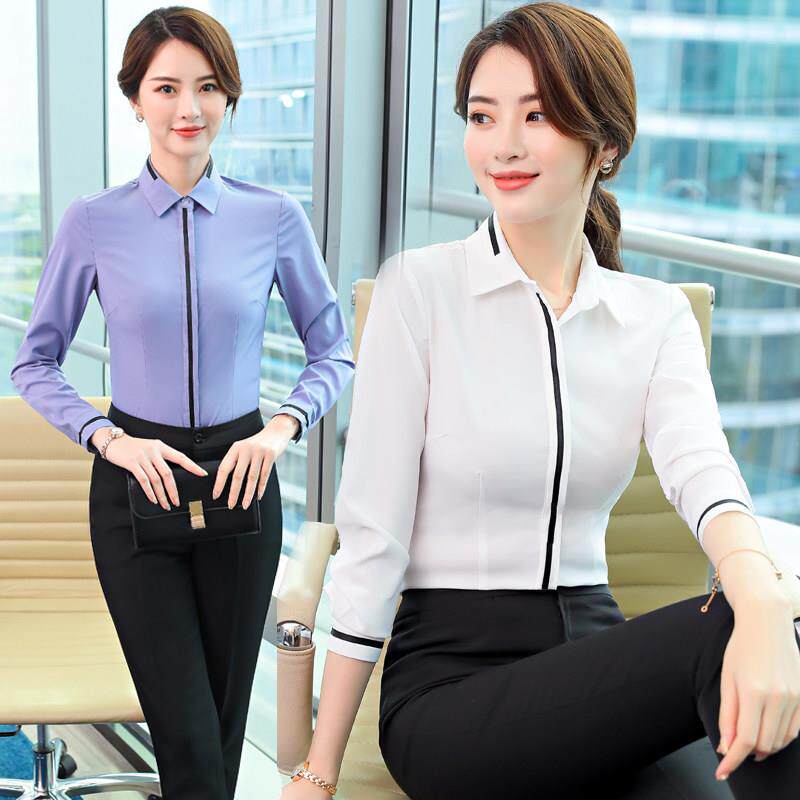 灰蓝色职业衬衫女式长袖韩式修身工作服白衬衫秋季新款职业工作服