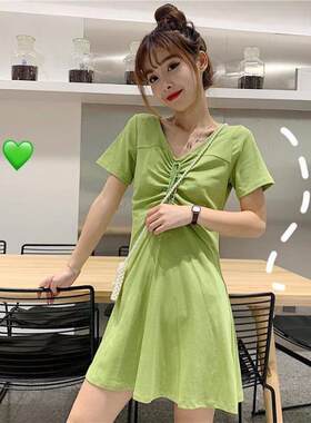 2022抽绳收腰显瘦学生森系高腰短袖T恤女A字牛油果绿连衣裙女清新