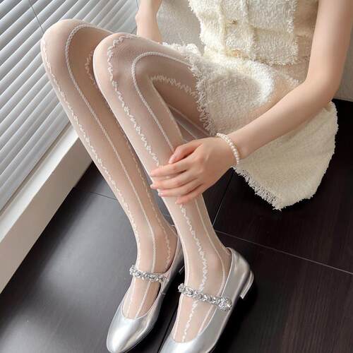 打底袜白丝袜春季薄透肉奶白色连裤袜提花黑丝女蕾丝1009k