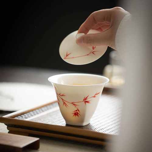 墨己 玉泥手绘盖碗 猪油白仿古红竹二才茶碗 陶瓷家用泡茶碗