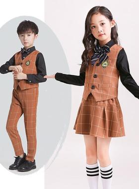 幼儿园园服春秋装儿童学院风格子马甲套装小学生校服班服定制LOGE