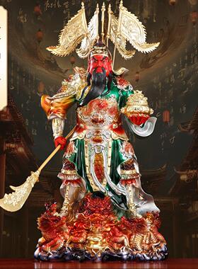 纯铜彩绘关公摆件聚宝盆关公神像家用办公室招财武财神九龙关二爷