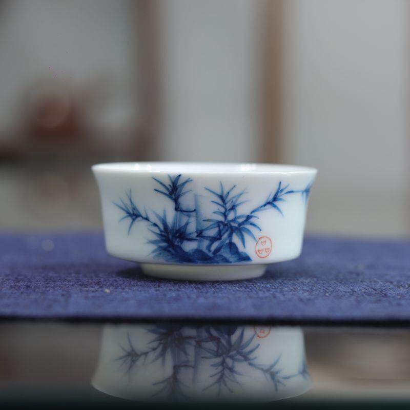 亦紫陶功夫茶具 陶瓷品茗杯 手工手绘青花瓷功夫小茶碗竹节品茗杯