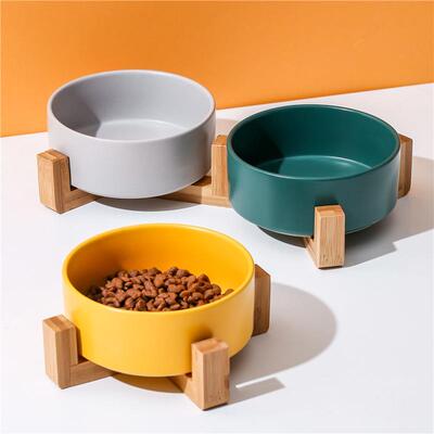 Ceramic Dog Bowl Cat Food Water Bowls with Wood Stand No Spi