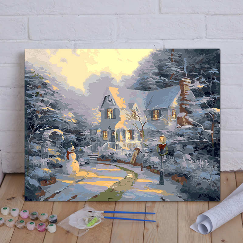 diy数字油画客厅风景花卉动漫人物定制手绘填色装饰画 冬雪别墅图片