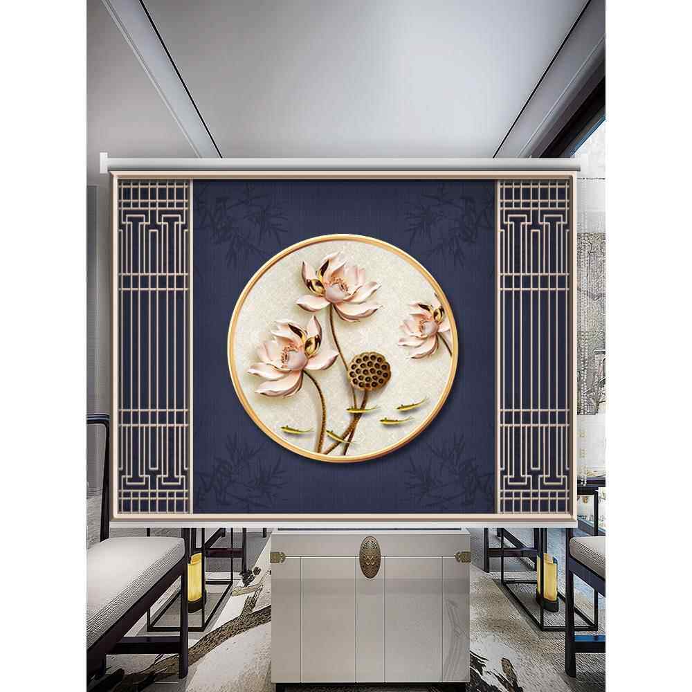 窗帘复古新款中式山水画客厅办公室背景画卧室客厅遮光卷拉式卷帘