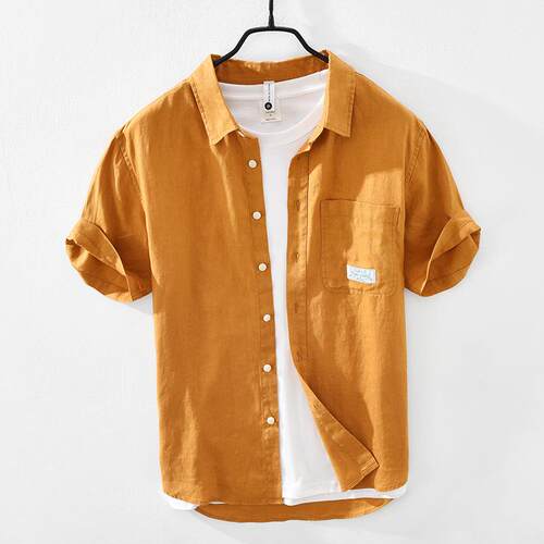 Men's linen short sleeved shirt with square collar linen
