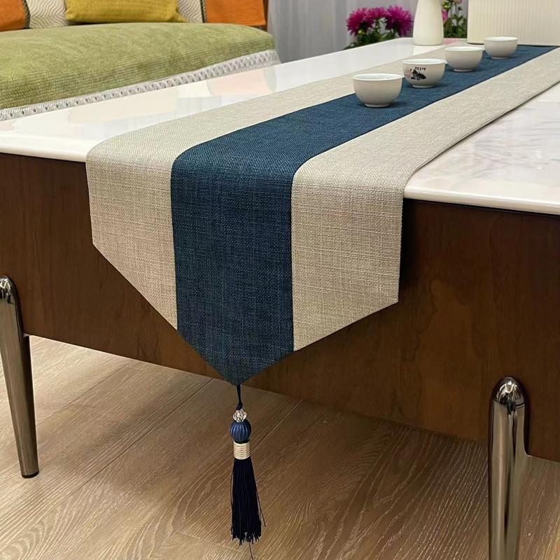 复古布艺中式桌旗现代简约棉麻拼色流苏长桌布茶几节日茶台装饰巾