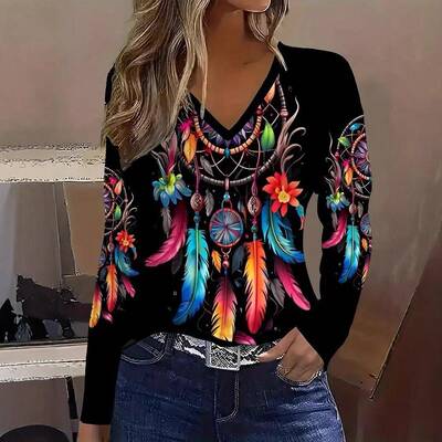【Plus Size】Bottom Colorful Dreamcatcher Feather Print V Ne