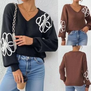 Women's top, women's flower ribbon embroidered sweater,