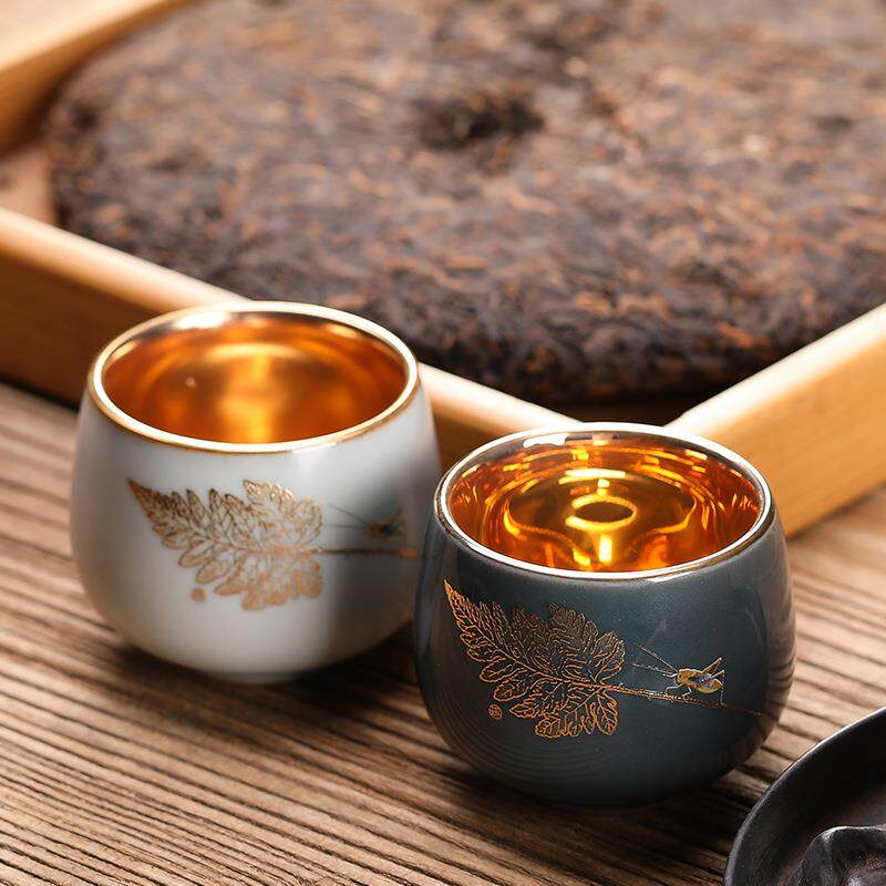 24k黄金盏汝窑茶杯主人杯单杯大号开片可养陶瓷品茗杯养生杯手绘