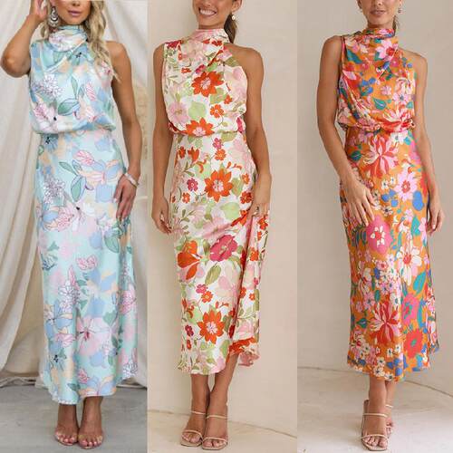 Light mature women's sleeveless strap printed satin dress