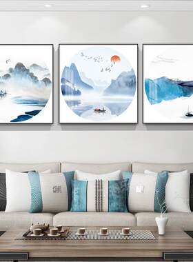 现代新中式水墨山水装饰画客厅玄关过道餐厅墙画铝合金框晶瓷挂画