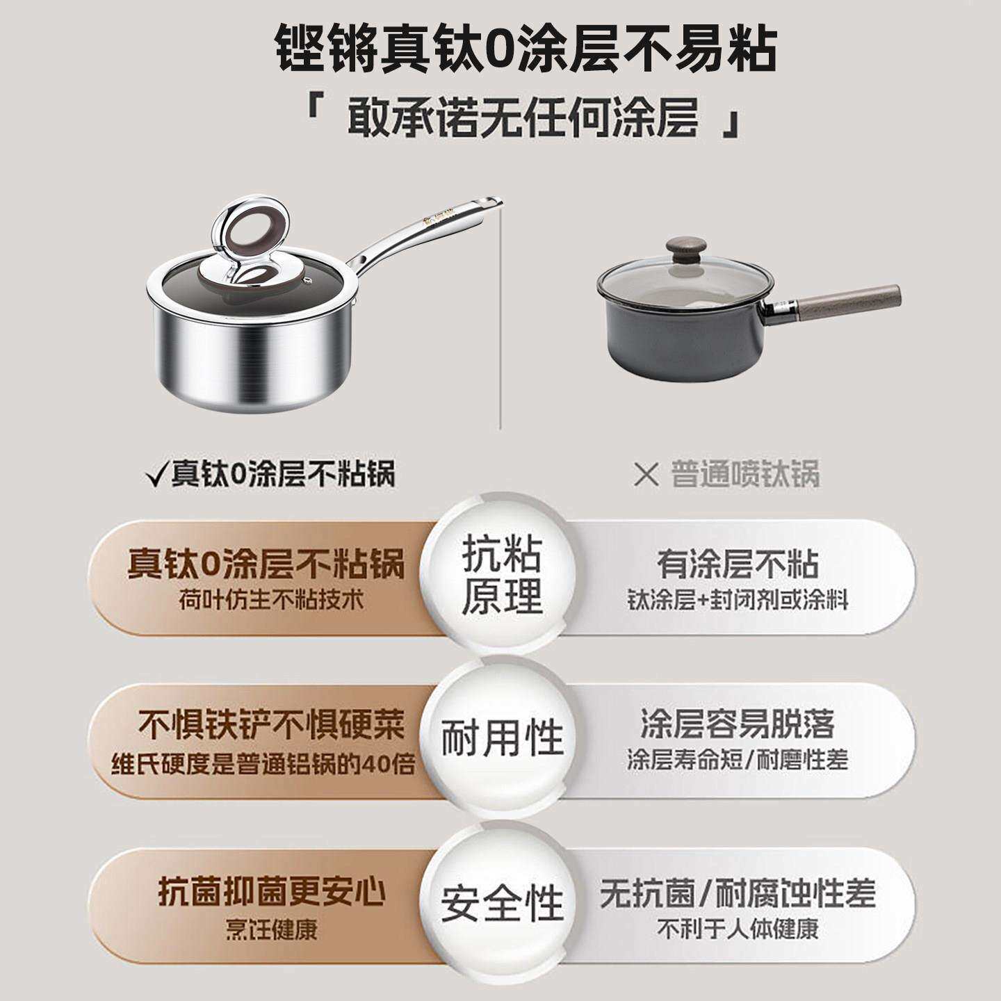 铿锵真钛无涂层奶锅家用一人食小汤锅不粘锅电磁炉宝宝专用辅食锅