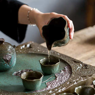 F06复古陶瓷窑变公道杯粗陶春绿色锤纹荷叶两种款 分茶器出水流 式