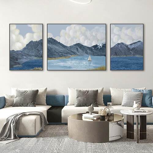 客厅装饰画现代简约沙发背景墙挂画高档风景山水墙画轻奢三联壁画