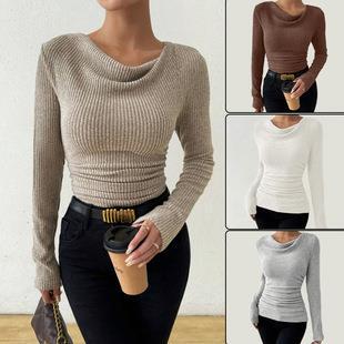 Womens Plain Draped Cowl Neck Ribbed Tee Elegant Long