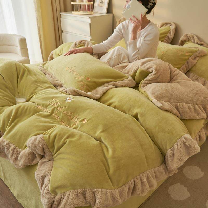 冬季加厚牛奶绒被套单件毛绒珊瑚绒加绒花边被罩床单四件套床笠款