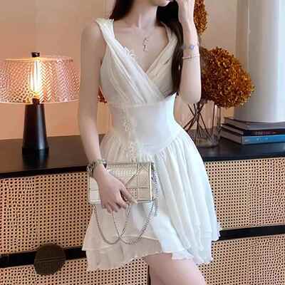 小白裙【花隐】夏季重工立体刺绣性感短裙花朵扭结雪纺连衣裙女