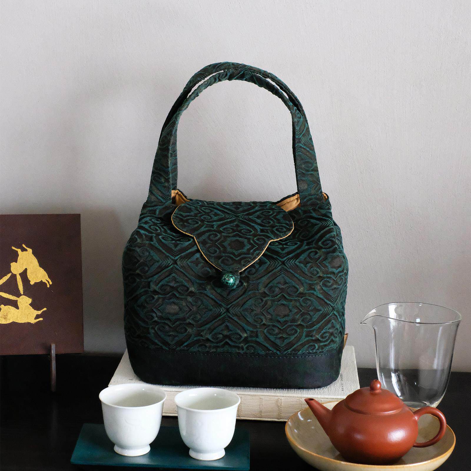 慢蓝香云纱茶事包 有分隔层加厚防护便携高档旅行茶具袋收纳包