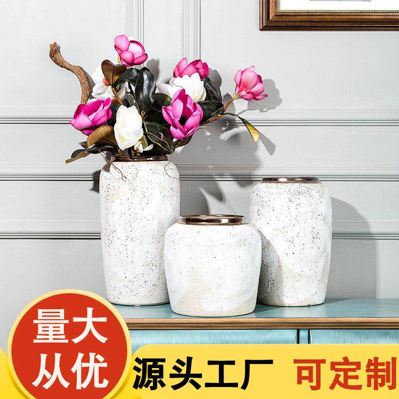 现代简约干花陶瓷插花花瓶中式摆件复古小清新手工白色粗陶罐瓷器