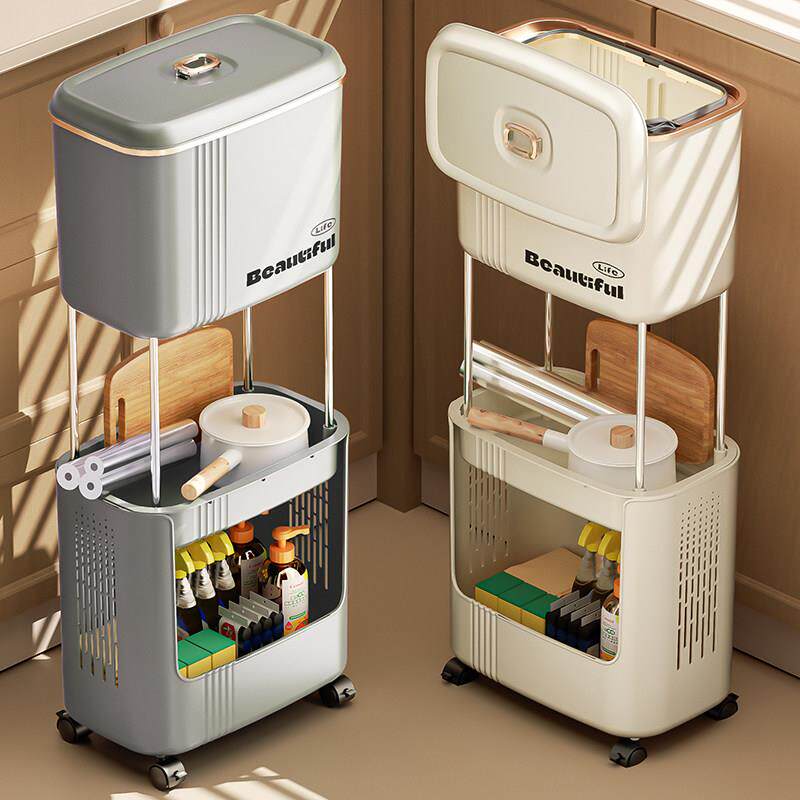 厨房垃圾桶家用带盖干湿分离免弯腰可移动带轮子厨余收纳桶置物架