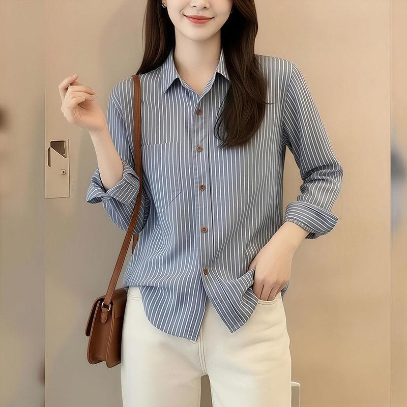极速法式正肩蓝色条纹长袖衬衫女装春季新款法式翻领纯棉衬衣别致