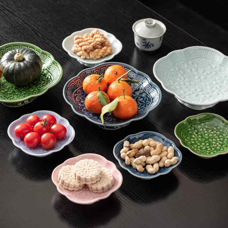 日式陶瓷果盘浮雕高脚茶点盘干果盘零食坚果碟供佛盘糕点点心盘子