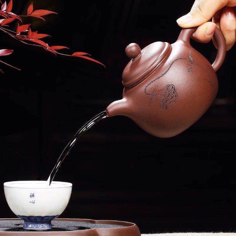 宜兴紫砂壶纯手工刻绘家用紫砂茶具原矿紫泥泡茶壶清莲生香匏尊壶