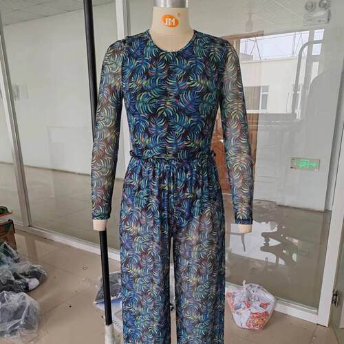 Women's printed dress with lace up V-neck long sleeves