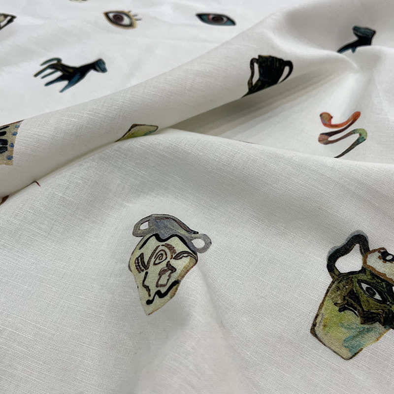 23春夏时尚亚麻棉混纺印花面料 女装服装动物物品图案高定布面料