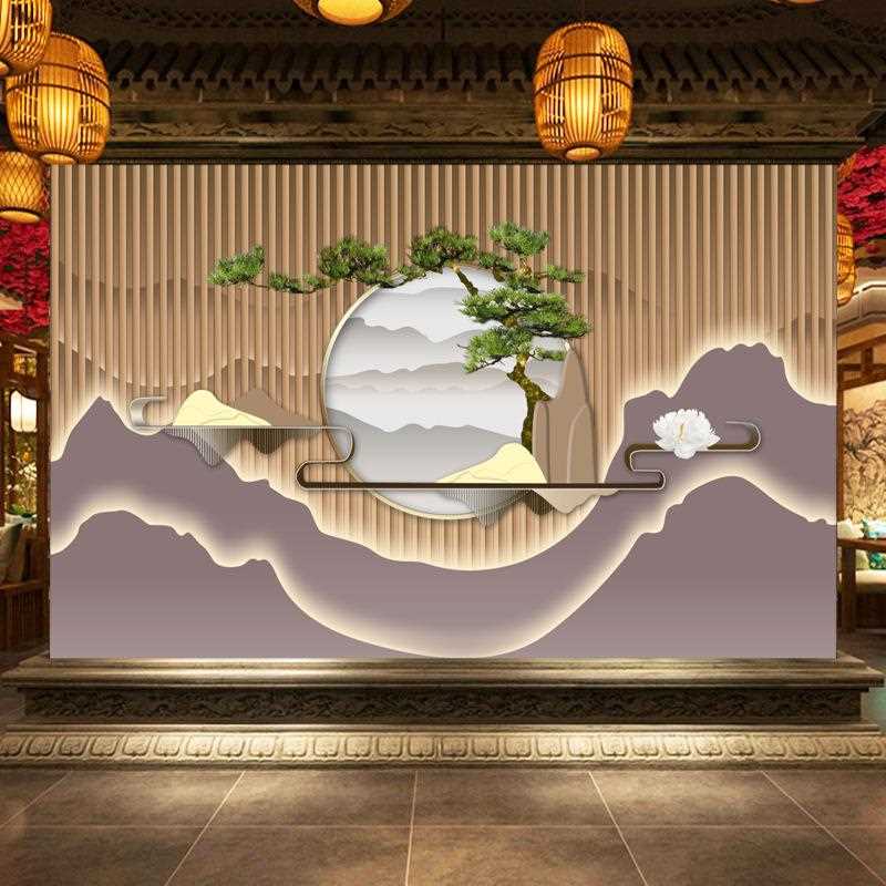 新款直销新中式木格栅壁画美容院养生馆前台墙纸大气茶室办公室背