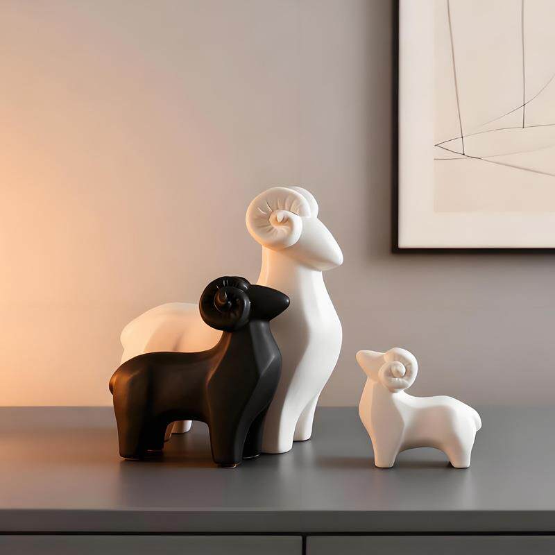 三羊开泰创意黑白陶瓷羊摆件现代简约家居客厅玄关桌面软装工艺品
