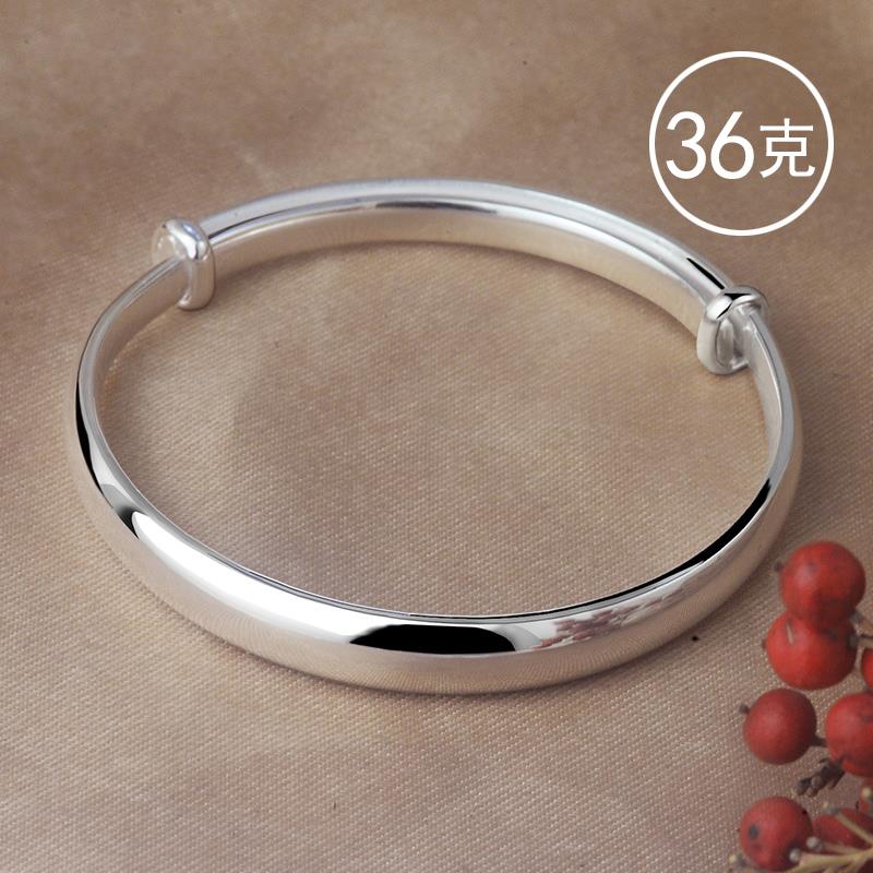 高档99银手镯镯年轻款9宽面手饰光面实心手镯推拉纯银子送妈妈情