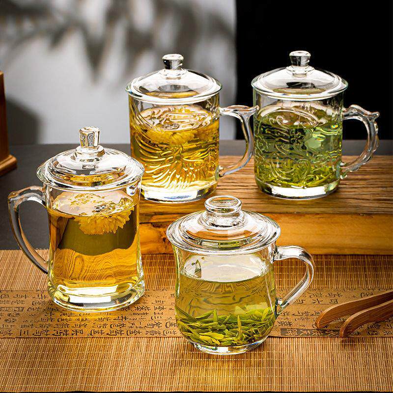 钢化玻璃茶杯子耐高温泡茶玻璃杯喝水带盖耐热家用有盖子带手柄杯