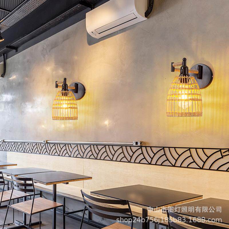 日式复古折叠壁灯伸缩旋转网红卧室美式壁灯卧室床头铁艺麻绳灯