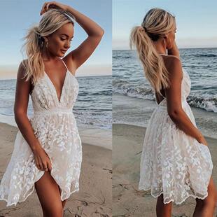 Women Summer Sleeveless Boho Dress Deep Vneck Off Shoulder