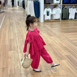外贸童装 女童套装 新款 格子宽松上衣加九分裤 工厂代发批发 2025夏装